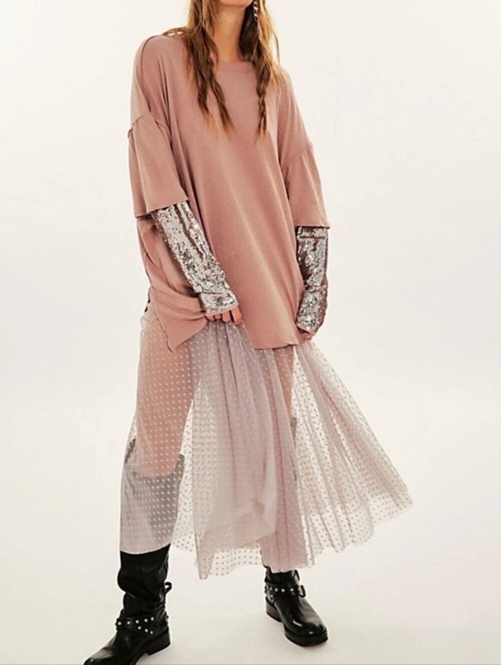 NWOT Free People Nellie Twofer Sequin Sleeve Oversized Tunic, Medium, Mauve
